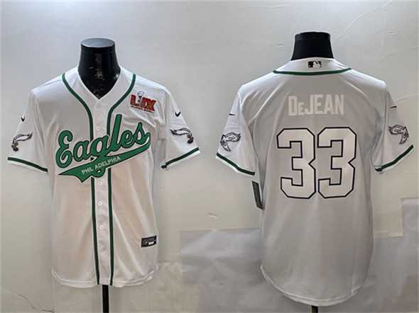 Mens Philadelphia Eagles #33 Cooper DeJean White 2025 Super Bowl LIX Patch Cool Base Stitched Baseball Jersey Dzhi